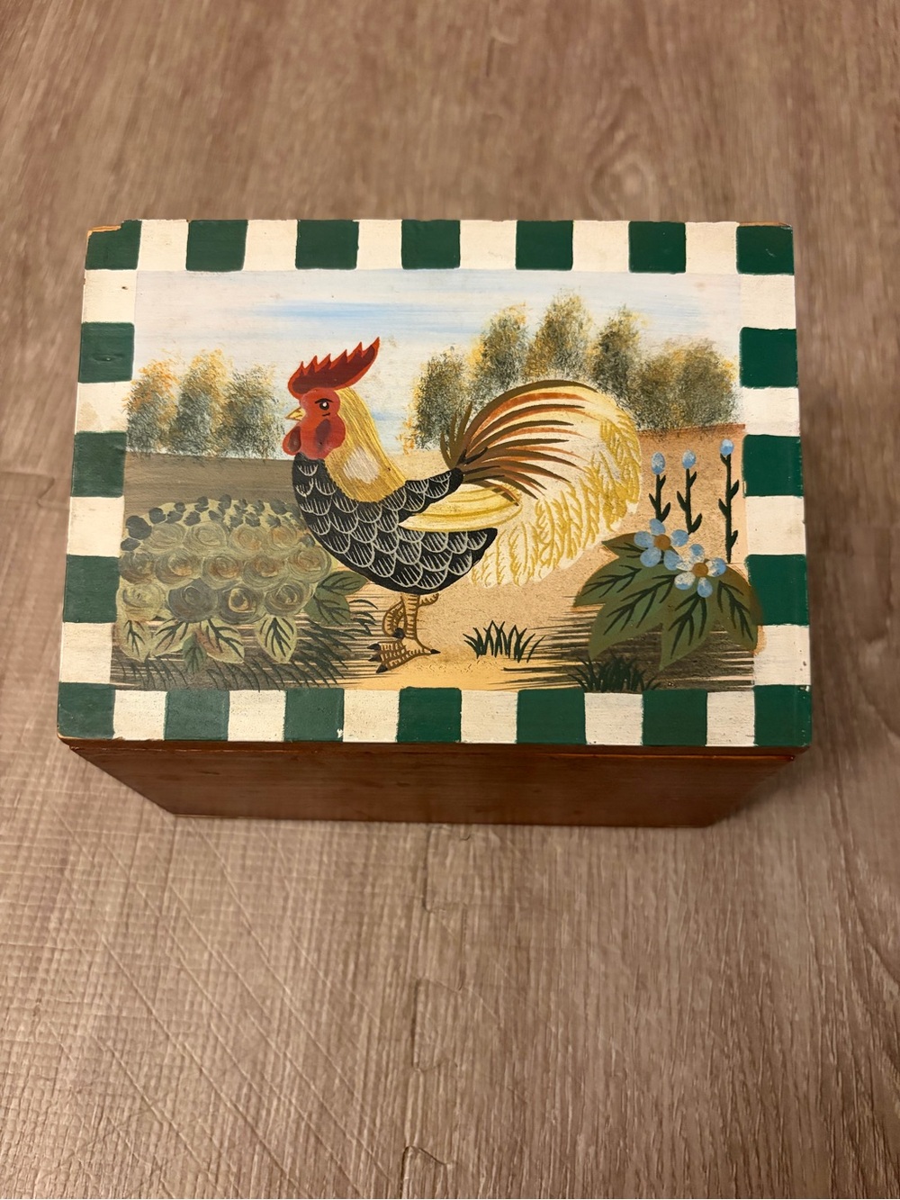 Vintage Wooden Recipe Card Box Hand Painted Rooster Scene Country Cottage